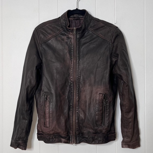 Tommy Hilfiger Distressed Brown Leather Moto Jacket Fitted Zip Front Men's 42 - Picture 1 of 10